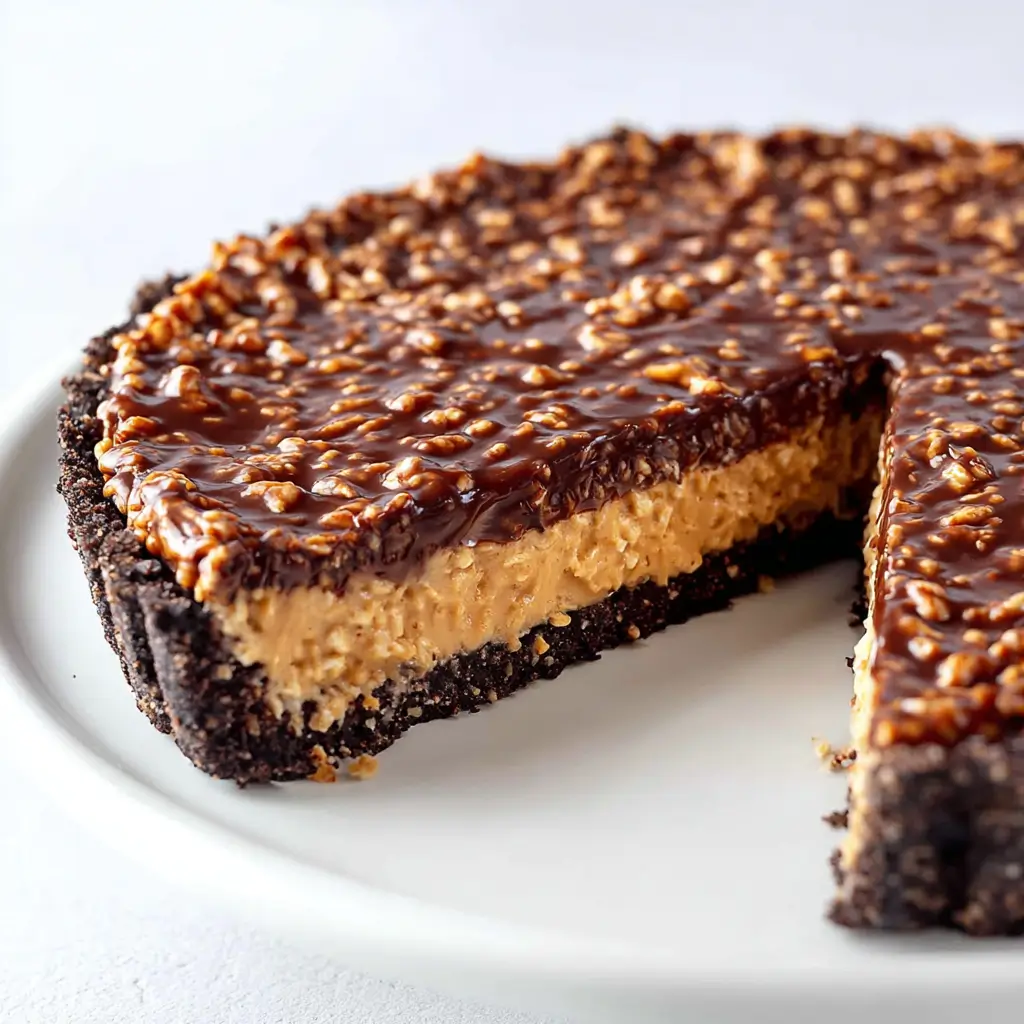 Whole peanut butter chocolate crunch pie on a white plate with one slice removed, showing layers of dark cookie crust, creamy peanut butter filling, and glossy chocolate topping packed with crisp cereal pieces.