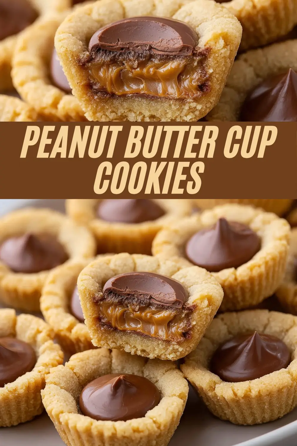 Peanut butter cookies filled with caramel and topped with chocolate cups.