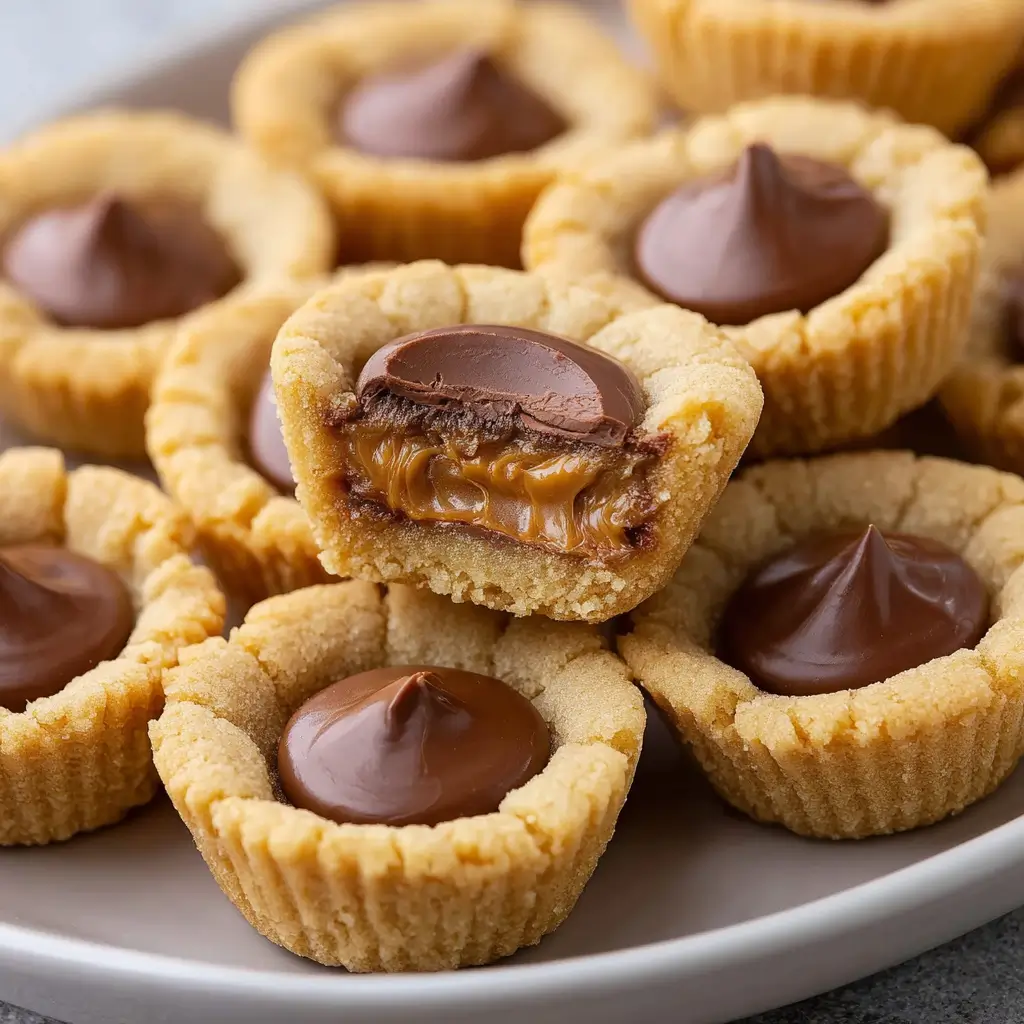 Peanut butter cup cookies on a plate, with gooey caramel filling.