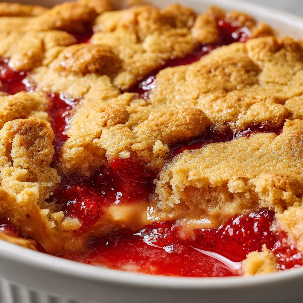 Close-up of a golden baked peanut butter and jelly cobbler in a white dish, with gooey strawberry filling and peanut butter oozing between the browned biscuit topping.