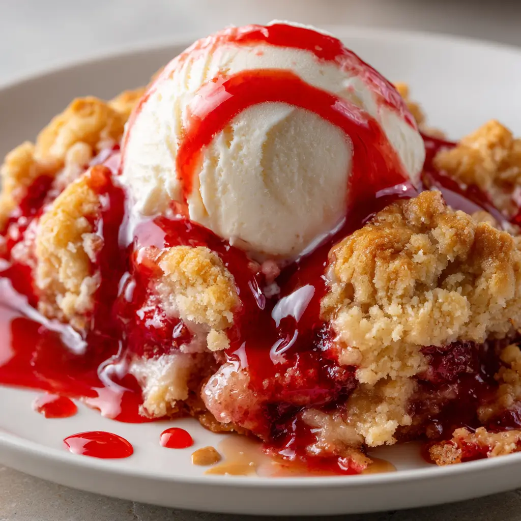 Peanut butter and jelly cobbler topped with a scoop of vanilla ice cream and drizzled with bright red sauce, served on a round white plate.