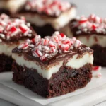 Peppermint brownies with a fudgy chocolate base, thick creamy layer, glossy chocolate topping, and crushed candy cane pieces scattered on top.