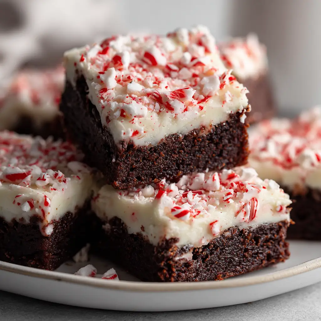 Fudgy peppermint frosted brownies arranged on a plate, each with a thick layer of white frosting and a topping of crushed red and white candy cane pieces.