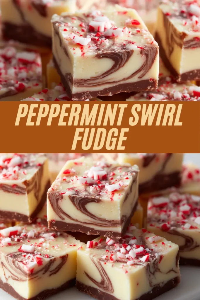 Stacked peppermint swirl fudge squares with marbled chocolate and vanilla layers, topped with crushed red and white candy canes and bold text reading “Peppermint Swirl Fudge” across the center banner.