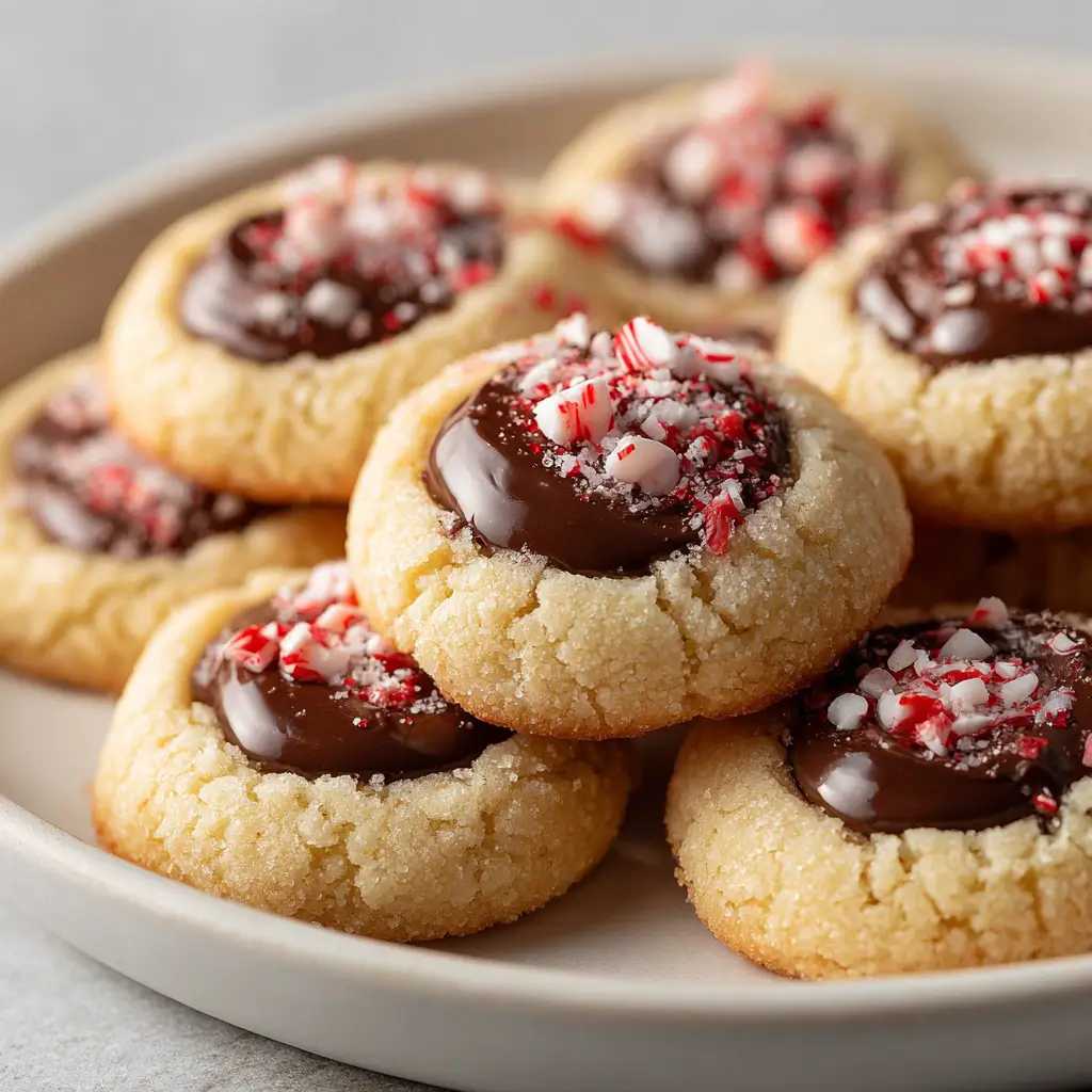 Buttery cookies with a thumbprint center filled with glossy chocolate ganache and topped with crushed peppermint candy, beautifully arranged on a plate.