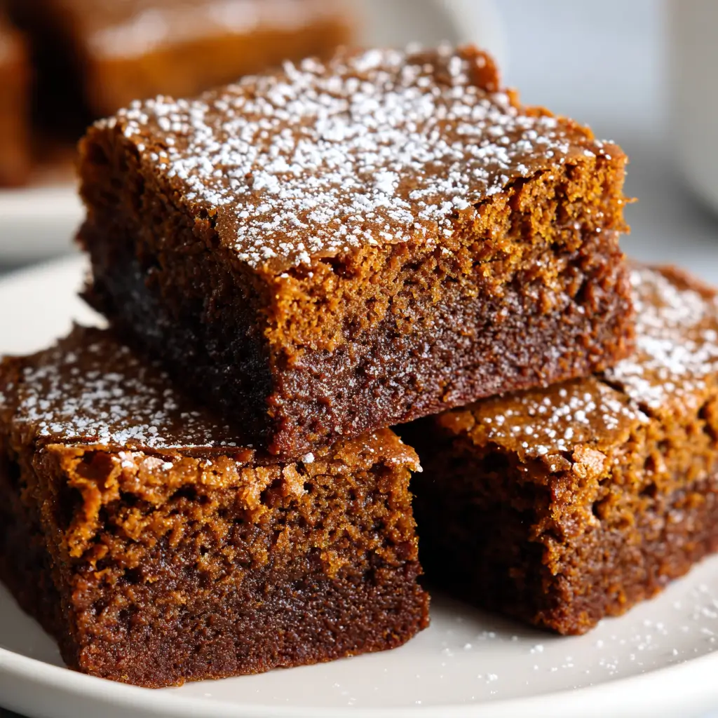 Square gingerbread brownies on a plate, beautifully dense with a deep brown color, soft and fudgy interior, topped with a dusting of powdered sugar for the holidays.