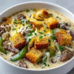 Philly cheesesteak soup in a white bowl.