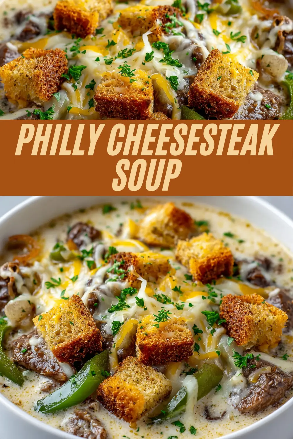 Philly cheesesteak soup recipe card.