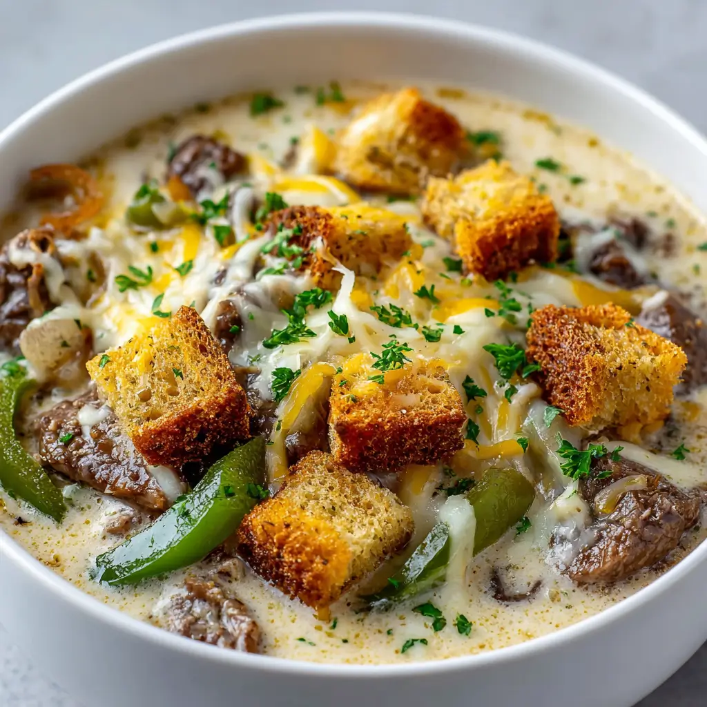 Philly cheesesteak soup in a white bowl.