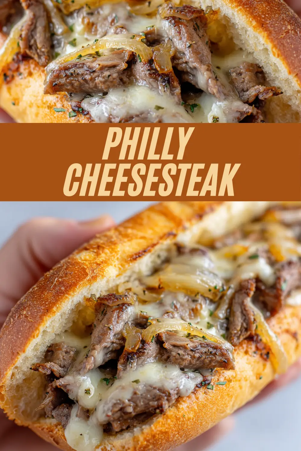 A recipe graphic for a Philly cheesesteak, with vivid close-ups of sliced beef, caramelized onions, and melted cheese inside a crusty roll, highlighted by bold title text.