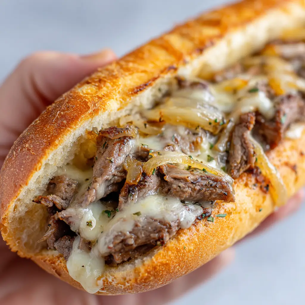 A close-up of a classic Philly cheesesteak sandwich, showing juicy strips of beef, sautéed onions, and melted cheese packed into a toasted hoagie roll.