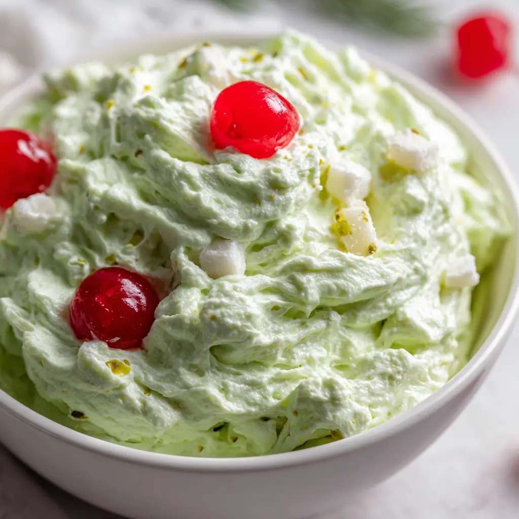 A fluffy green pistachio salad topped with red maraschino cherries and bits of pineapple, served in a white bowl.