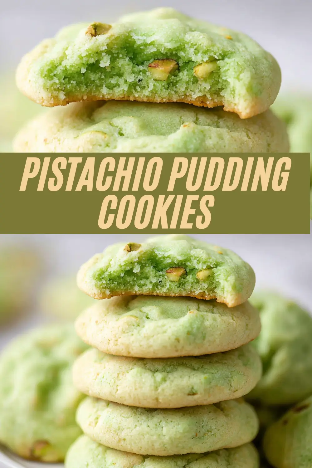 Stacked, round pistachio pudding cookies with a soft green crumb and chopped pistachios, topped by a cookie showing its fluffy inside.