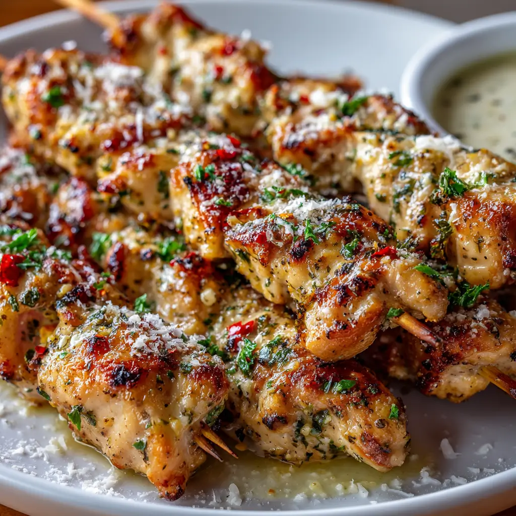 Grilled ranch garlic parmesan chicken skewers served on a white plate, featuring juicy, golden-brown chicken pieces coated in herbs, garlic, and parmesan with a light sprinkling of parsley and grated cheese.
