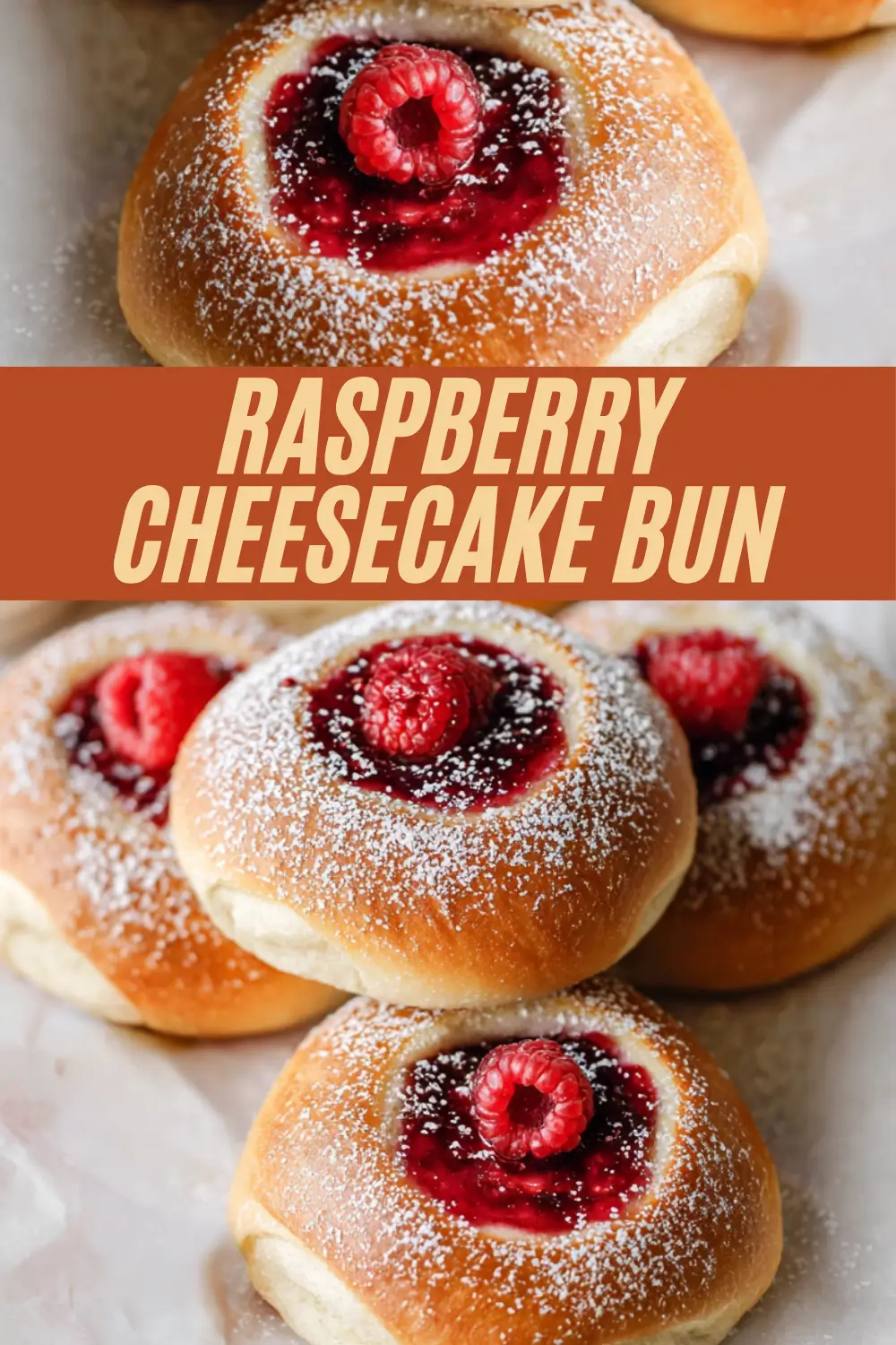 Step-by-step recipe for raspberry cheesecake buns with filling and fresh raspberries.
