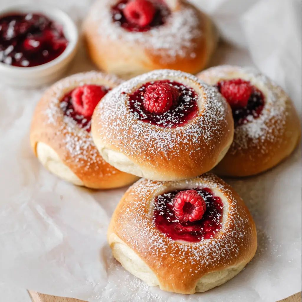 Soft buns filled with raspberry jam and dusted with powdered sugar.