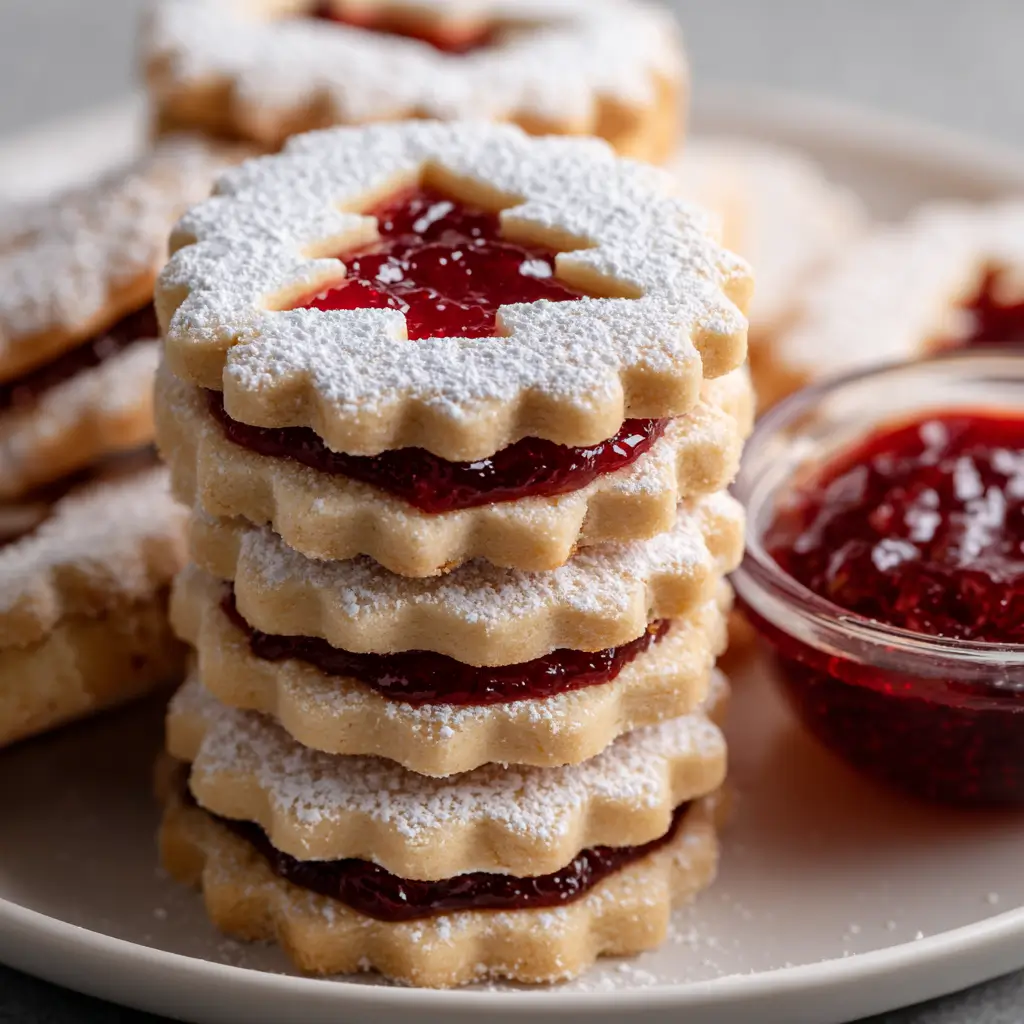 Stack of Raspberry Linzer cookies with powdered sugar and tree-shaped cutouts, filled with thick raspberry jam, alongside a glass bowl of more raspberry jam.