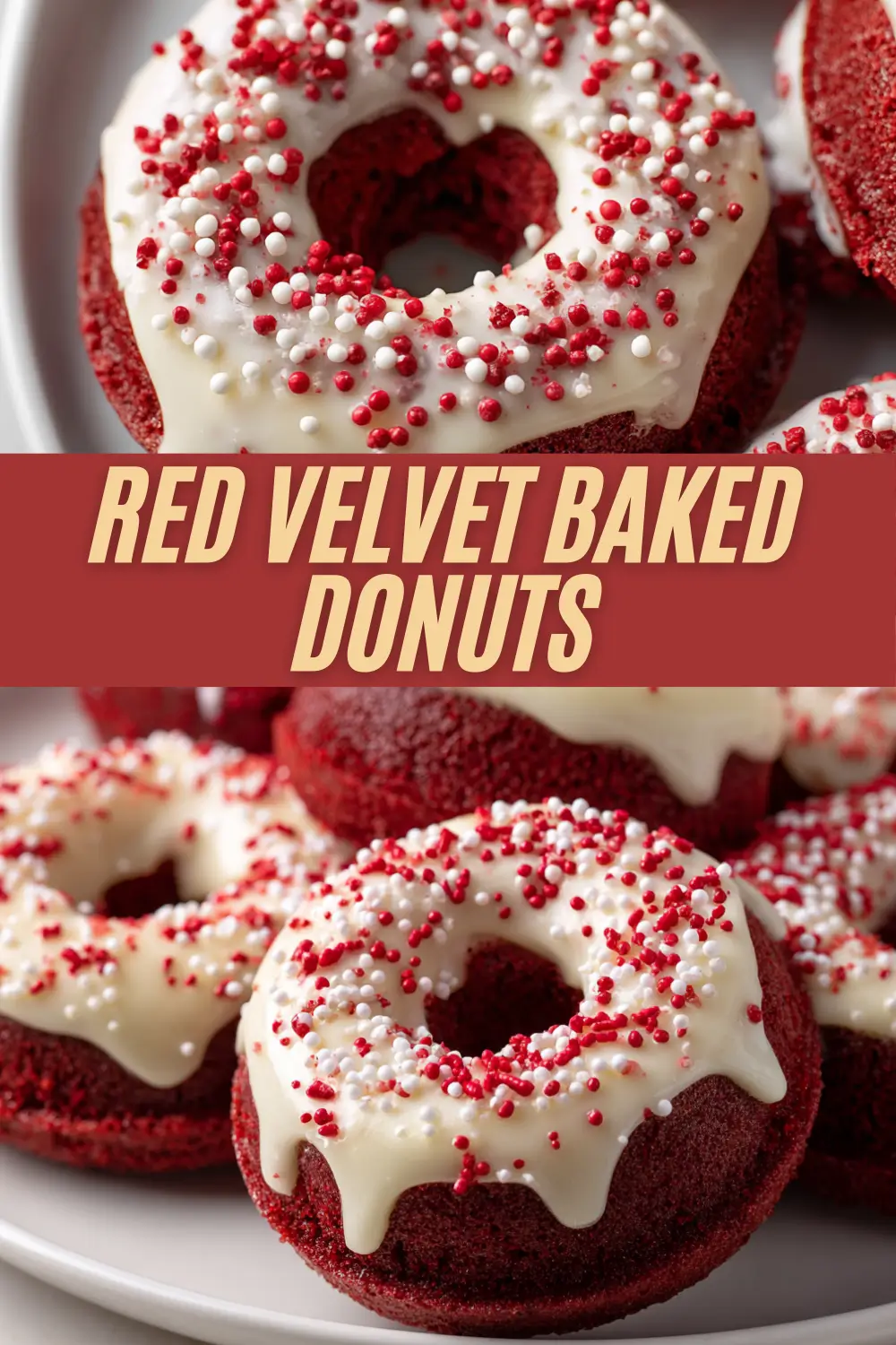 Red velvet donuts decorated with smooth white icing and topped with red and white sprinkles, arranged on a white plate.