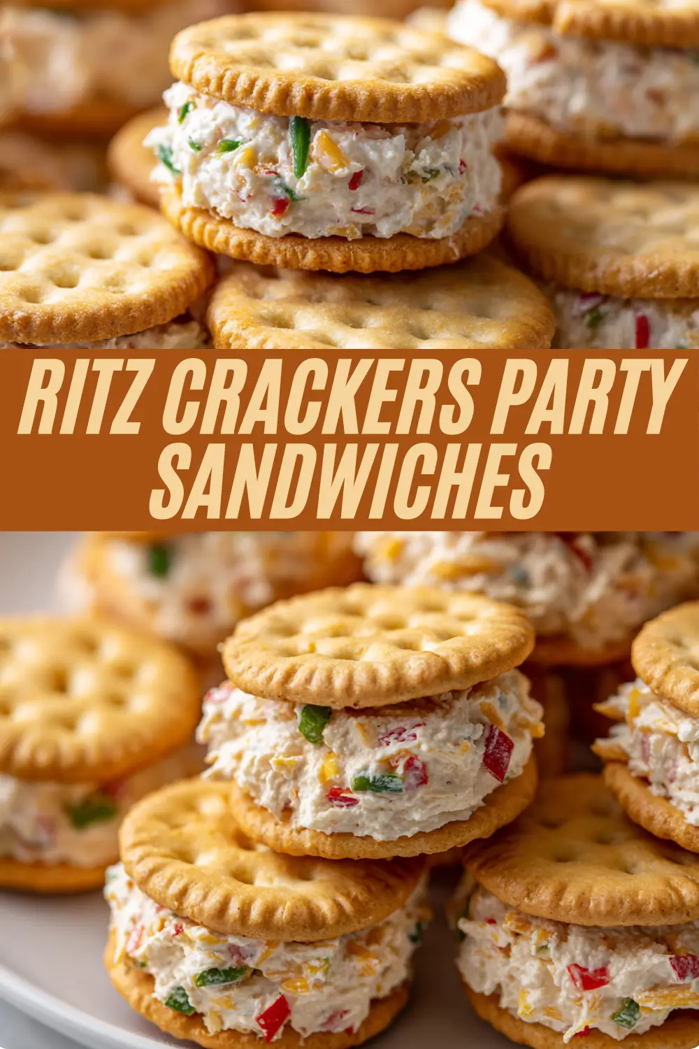 A Pinterest-style recipe collage for Ritz Crackers Party Sandwiches, showing close-up views of buttery crackers filled with a festive cheese and pepper spread. Centered bold text overlay reads "RITZ CRACKERS PARTY SANDWICHES" in creamy tan letters on a toasty orange background strip.