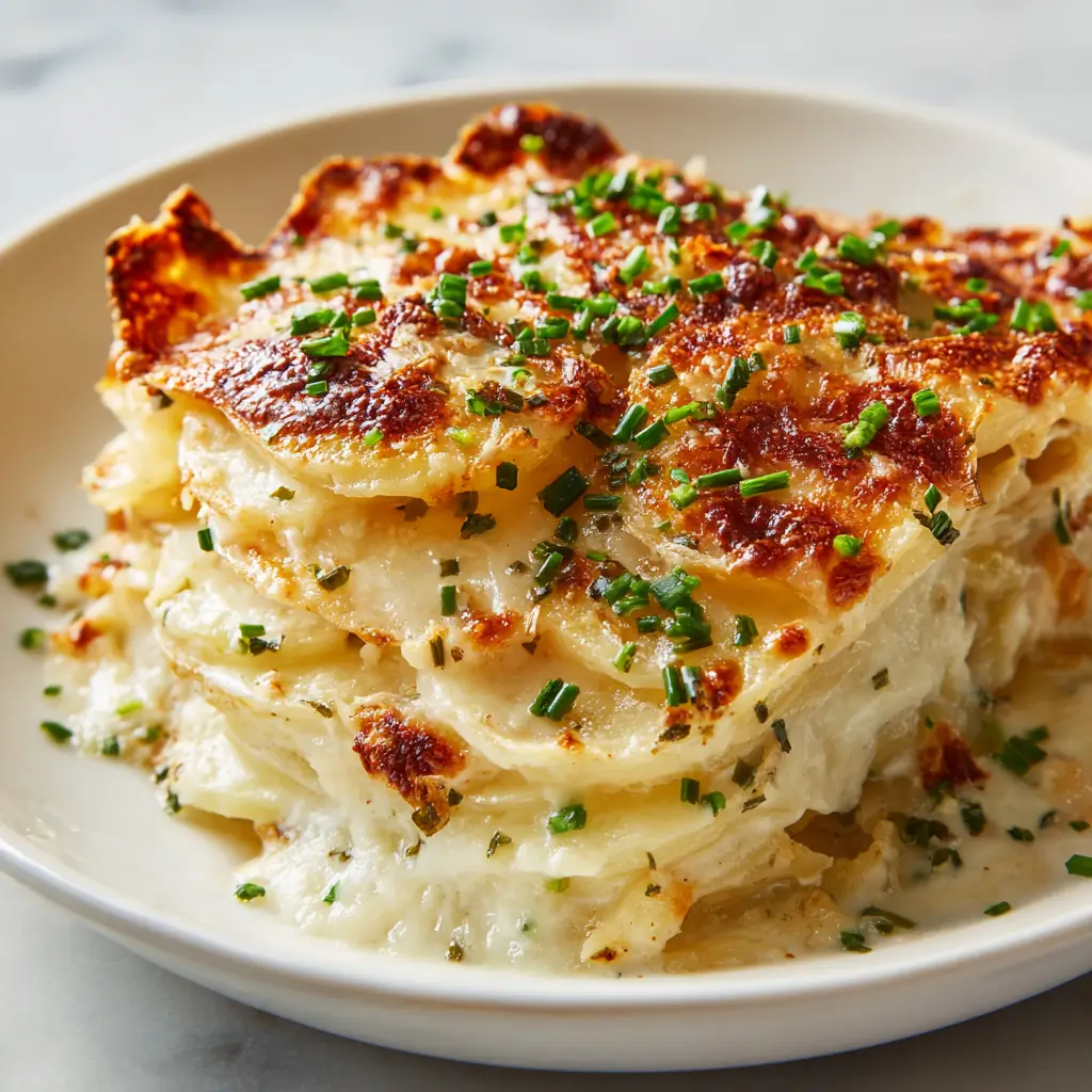 Slice of roasted garlic potato au gratin stacked high on a white plate, with creamy layers, a golden-brown cheesy top, and chopped chives scattered over the surface.