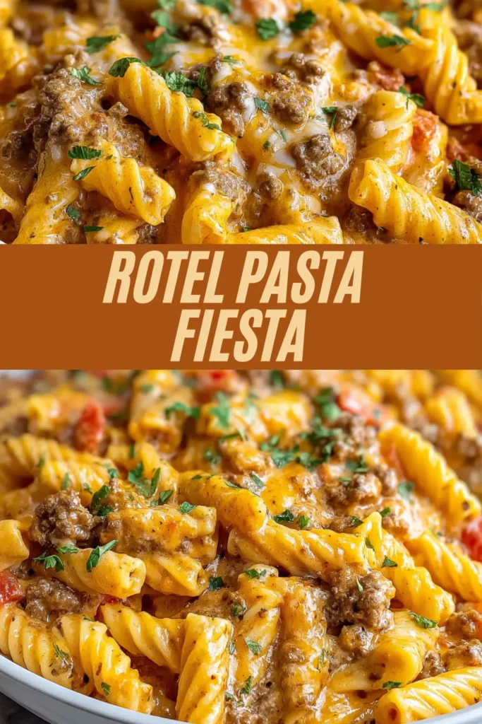 Two images of cheesy rotini pasta with ground beef, tomatoes, and herbs, separated by a bold text banner that reads “Rotel Pasta Fiesta” in cream letters on a brown background.