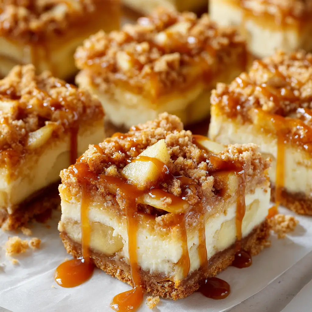 A close-up of a cheesecake bar with apple chunks, streusel topping, and golden caramel drizzle.