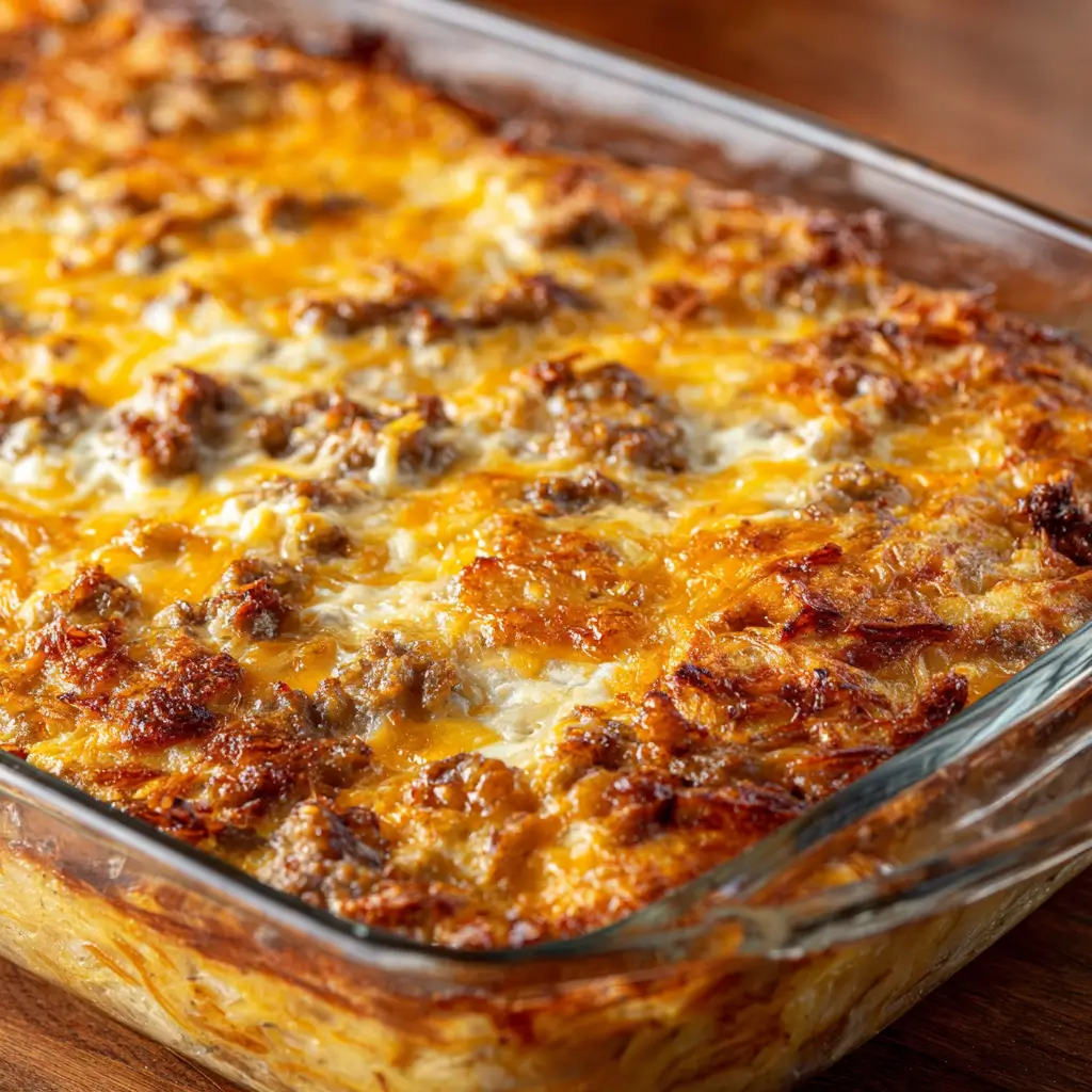 Baked sausage and cheese hash brown casserole in a glass dish with a crispy golden top and savory sausage pieces.