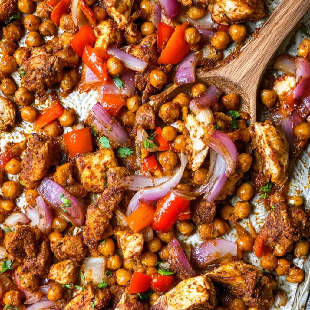 Cubes of seasoned chicken, chickpeas, red onion, and red bell pepper scattered across a sheet pan, mixed together with herbs and spices.