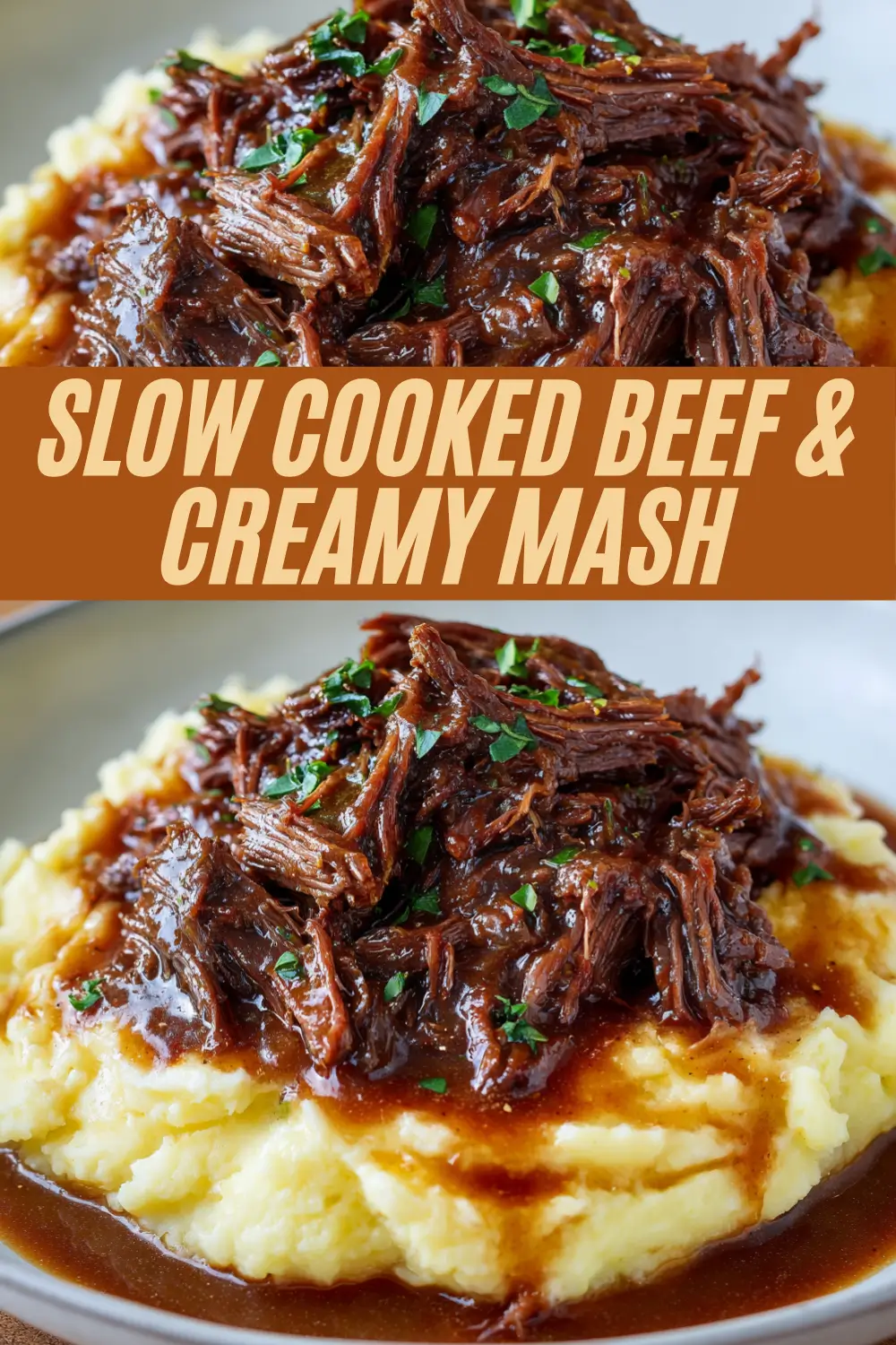Tender shredded beef covered in glossy brown gravy sits atop creamy mashed potatoes, garnished with fresh herbs.