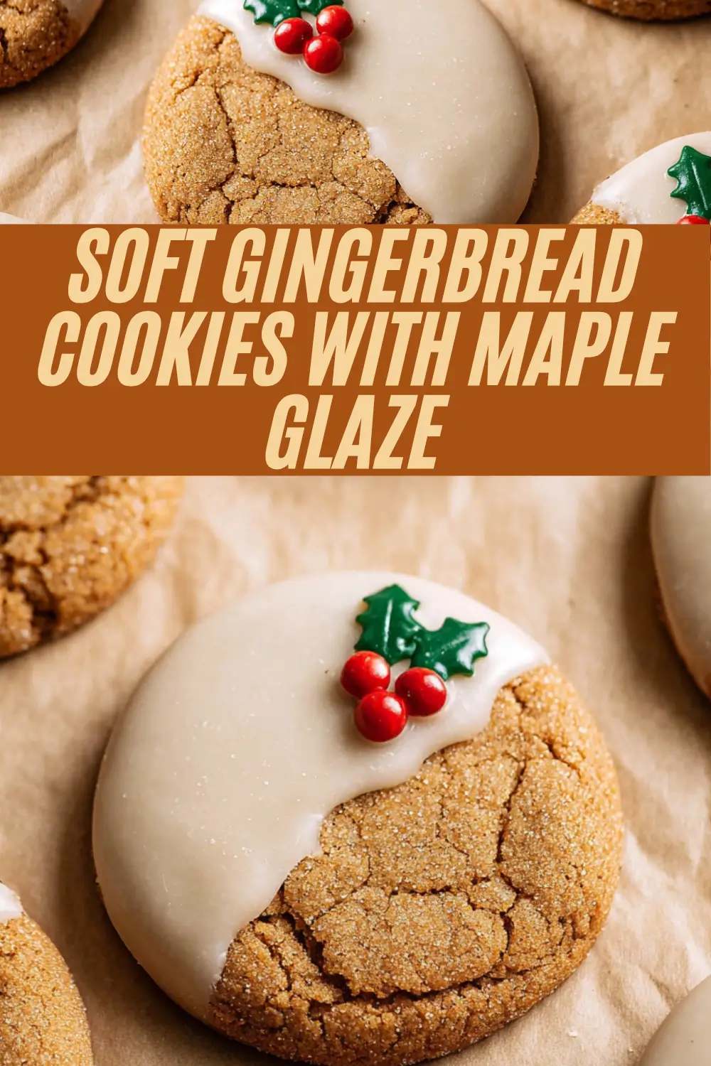 Step-by-step recipe for soft gingerbread cookies with maple glaze, decorated with festive red berries and green holly leaves.