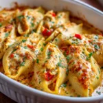 Spicy Cajun Stuffed Shells in a white baking dish, featuring jumbo pasta shells generously filled with a creamy, cheesy Cajun-seasoned filling, golden and bubbly with flecks of herbs and red pepper, and garnished with fresh parsley.