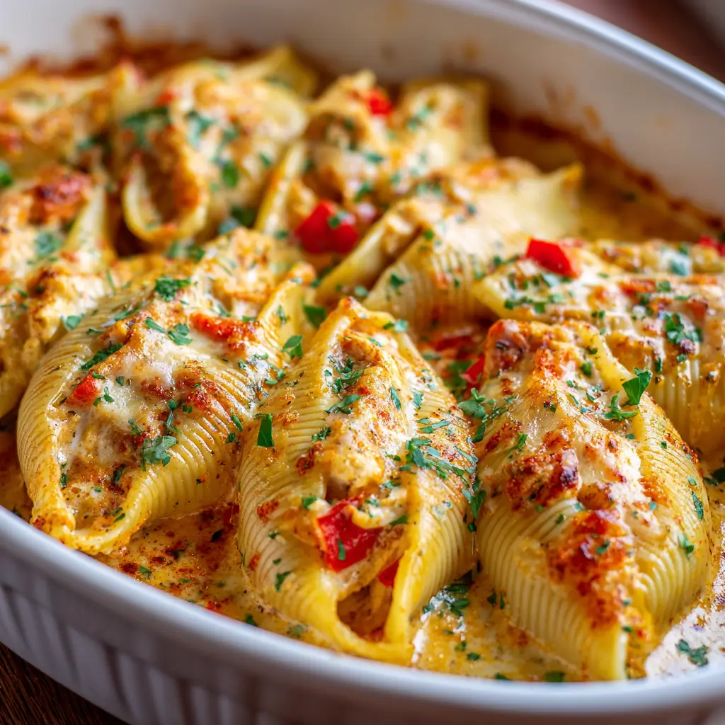 Spicy Cajun Stuffed Shells in a white baking dish, featuring jumbo pasta shells generously filled with a creamy, cheesy Cajun-seasoned filling, golden and bubbly with flecks of herbs and red pepper, and garnished with fresh parsley.