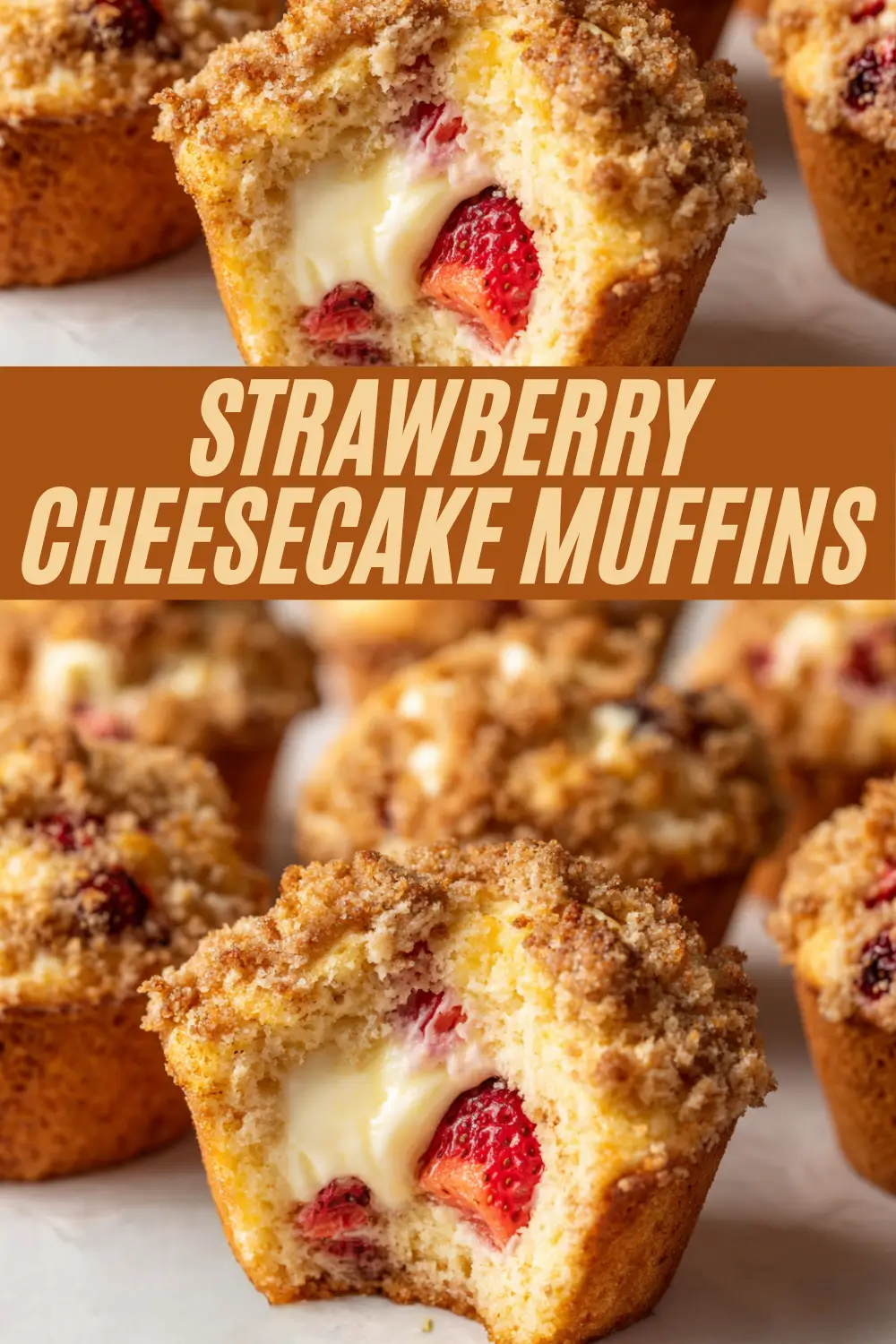 Muffins with streusel topping, filled with strawberries and creamy cheesecake, with bold text reading “Strawberry Cheesecake Muffins.”