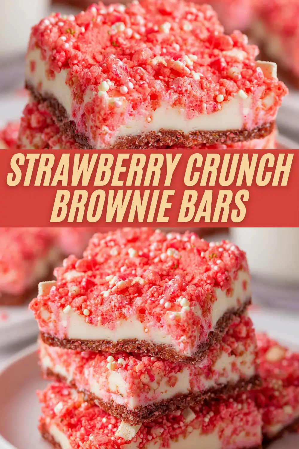 Stacked dessert bars with a rich chocolate base, creamy white layer, and a thick topping of pink strawberry crunch, set on a white plate.