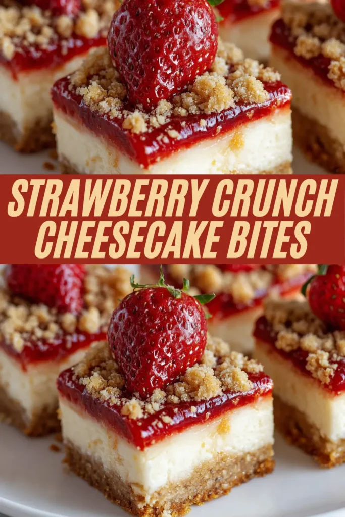 Graphic featuring strawberry crunch cheesecake bites on a white plate, with thick cheesecake layers, bright strawberry topping, crumbly streusel, and whole strawberries, framed by a bold center banner that reads “Strawberry Crunch Cheesecake Bites” in cream lettering on a rust-red background.