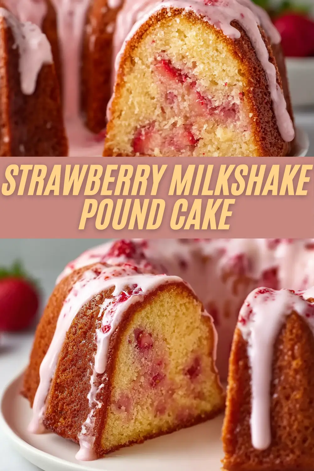 Slices of golden pound cake with strawberry pieces inside, topped with pink glaze and arranged with strawberries.