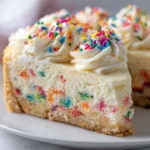 Slice of sugar cookie cheesecake on a plate, with a cookie crust, creamy filling dotted with rainbow sprinkles, and swirls of vanilla frosting sprinkled with more colorful confetti.