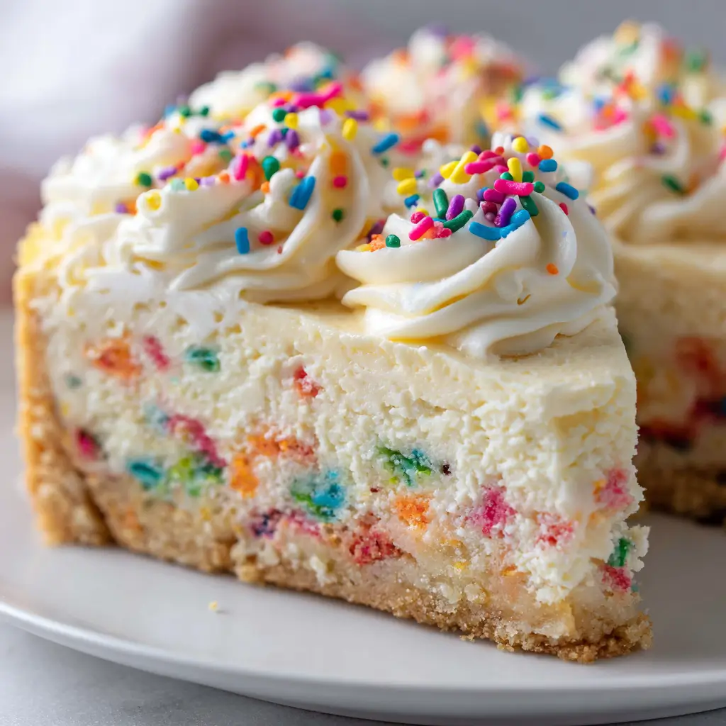 Slice of sugar cookie cheesecake on a plate, with a cookie crust, creamy filling dotted with rainbow sprinkles, and swirls of vanilla frosting sprinkled with more colorful confetti.