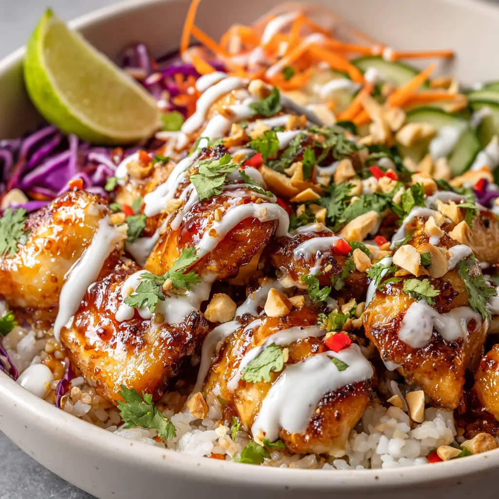Sweet chili chicken bowl topped with coconut lime drizzle, cilantro, peanuts, and vegetables over rice.