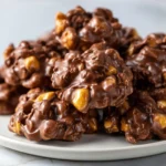 Chocolate-coated clusters packed with peanuts and bits of toffee, served on a white plate.