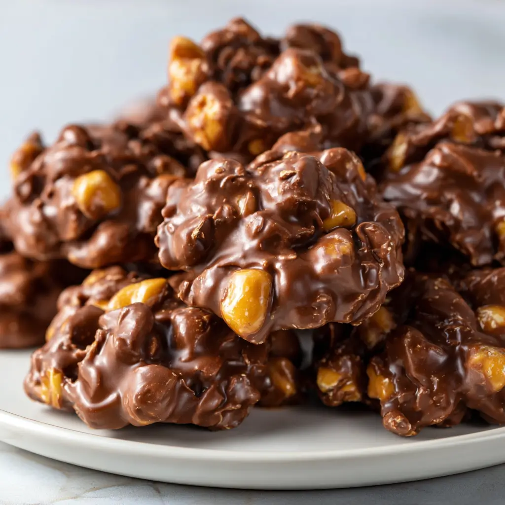 Chocolate-coated clusters packed with peanuts and bits of toffee, served on a white plate.