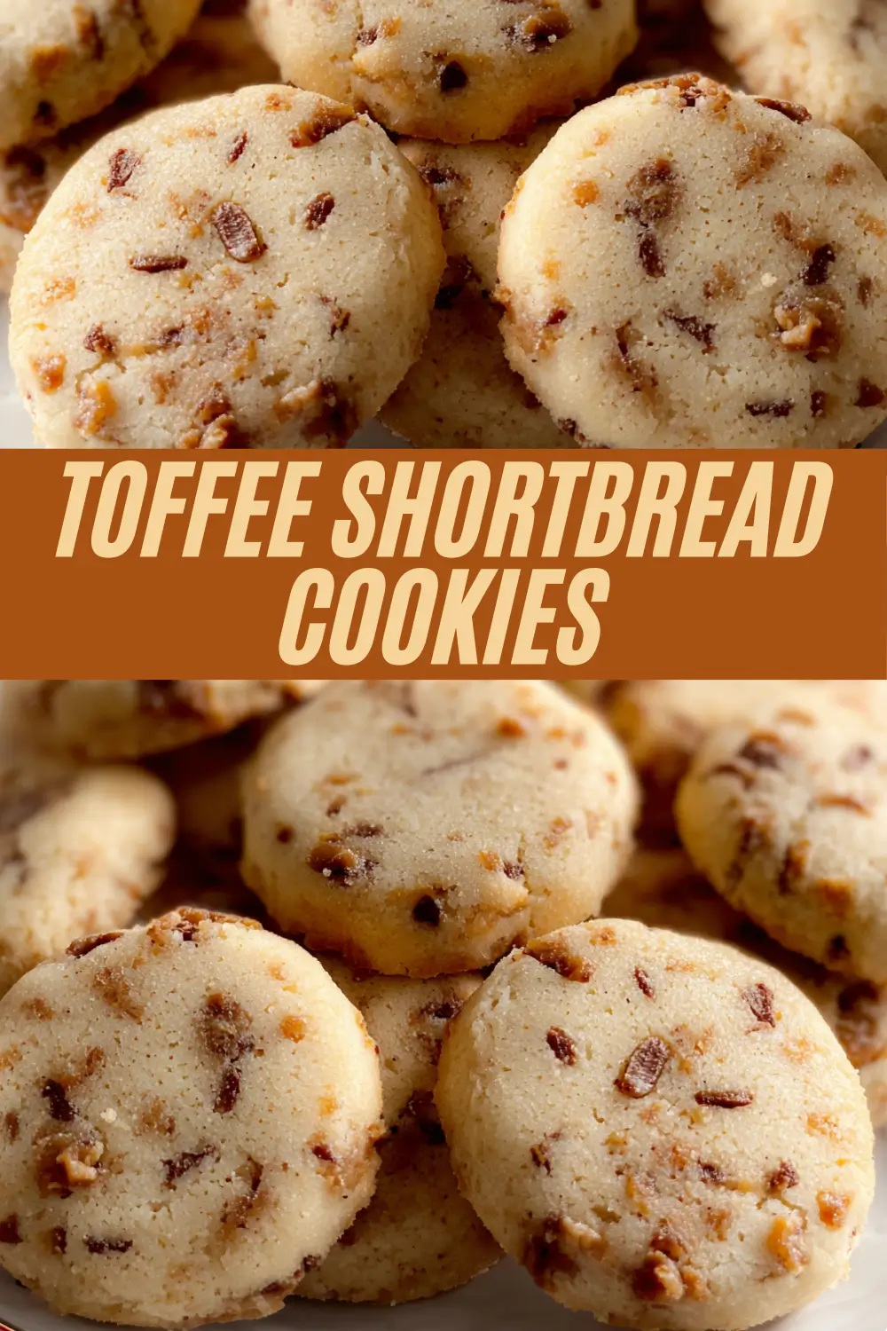 Golden shortbread cookies studded with small pieces of toffee, stacked together on a plate.