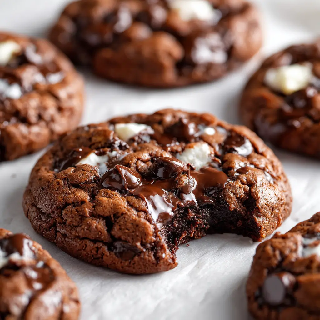Triple chocolate NYC cookies with a bite missing, on a parchment board.