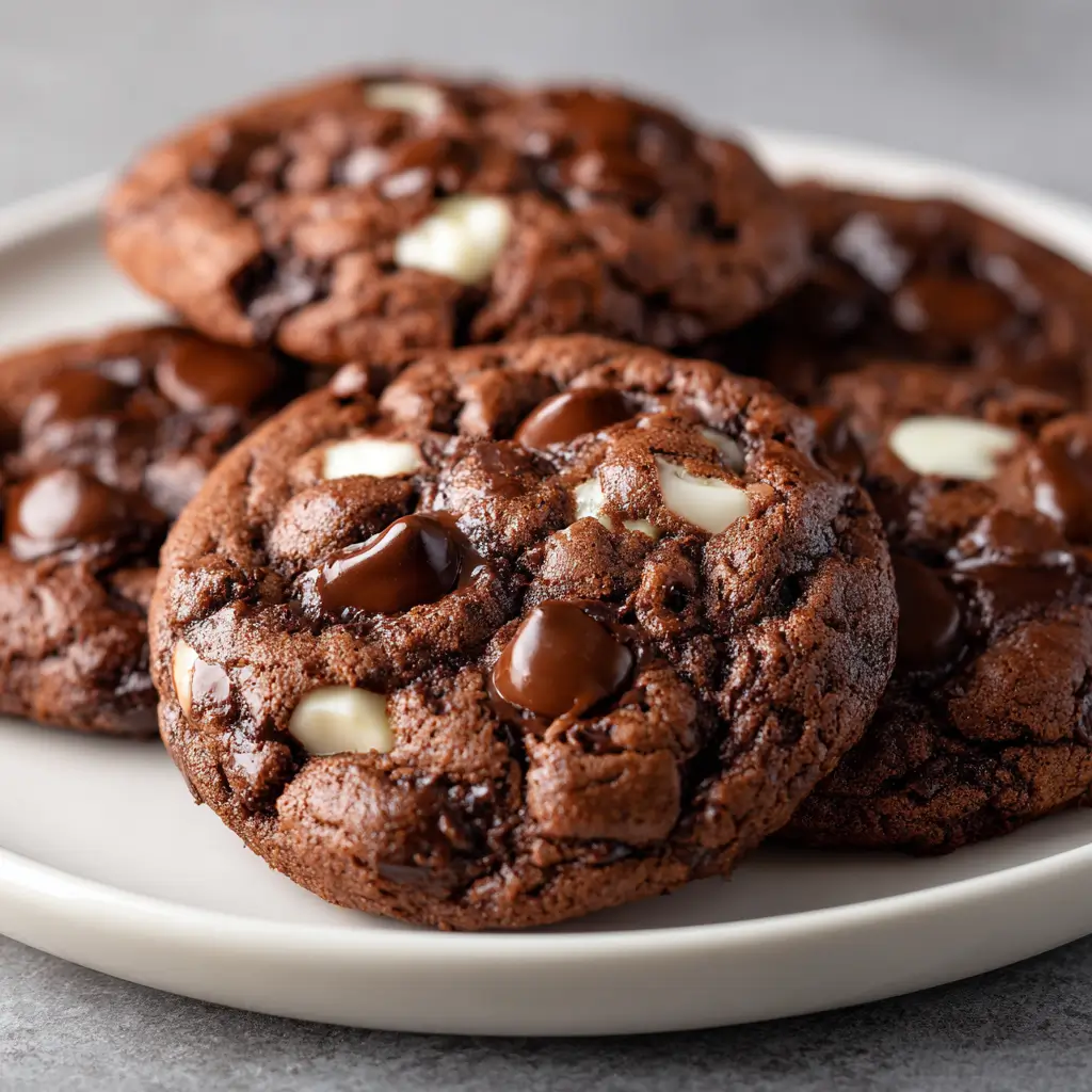 Triple chocolate NYC cookies stacked on a plate.