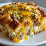 Cheesy Sausage Breakfast Bake slice on a plate, showing golden toasted bread cubes, melted cheddar cheese, browned sausage, and flecks of green herbs, with creamy pockets of cooked egg visible inside.