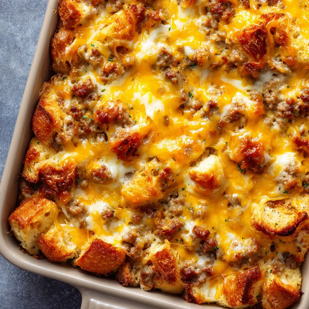 Ultimate Cheesy Sausage Breakfast Bake in a rectangular baking dish, showing crisp bread cubes, melted cheddar cheese, and crumbled sausage scattered throughout for an inviting, rustic brunch casserole.