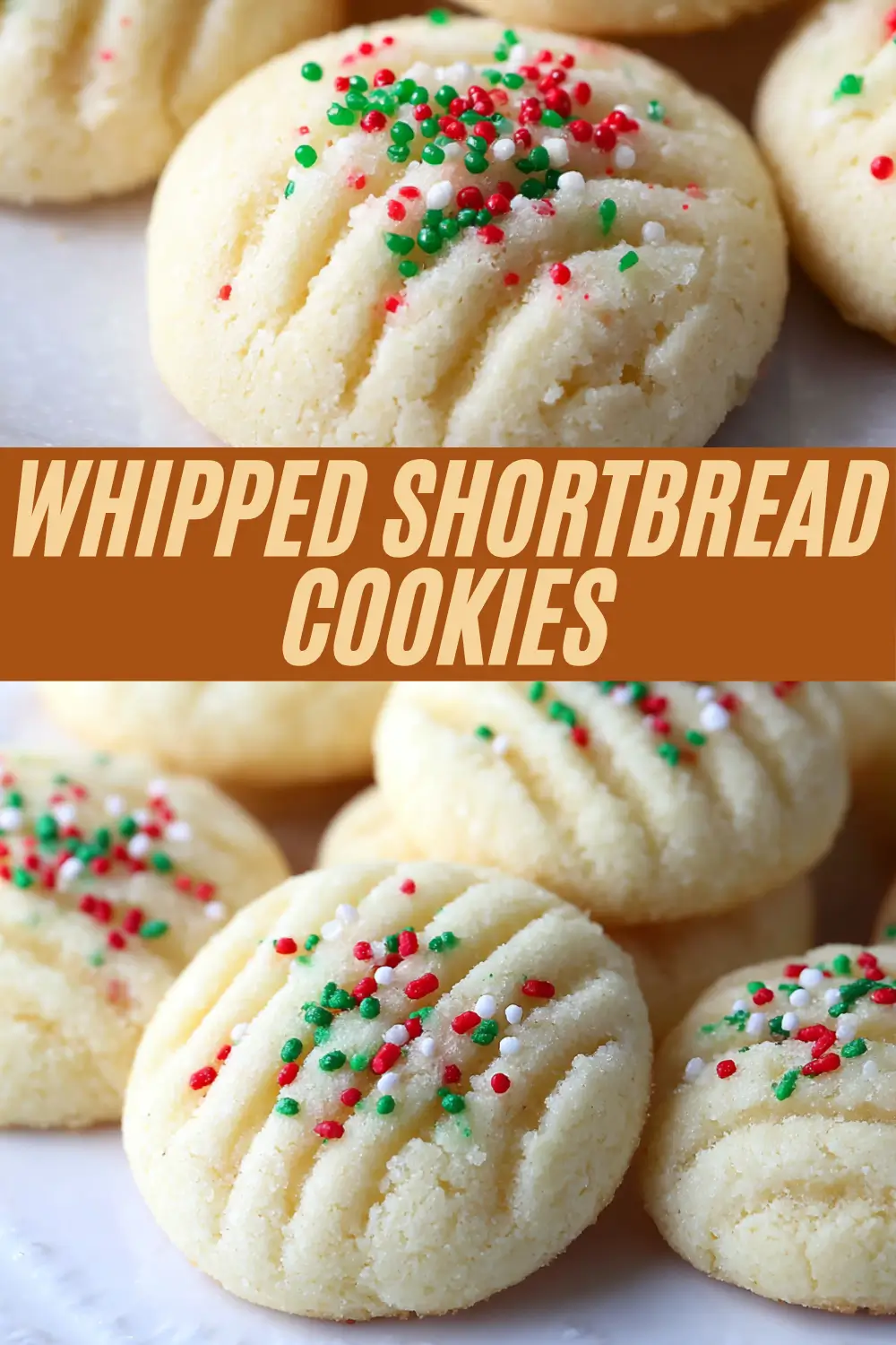 Whipped shortbread cookies topped with red, green, and white sprinkles, each with soft ridged edges and a light, crumbly interior.