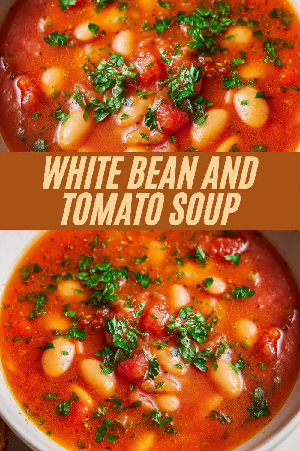 A bowl filled with tomato soup and tender white beans, sprinkled with chopped parsley.