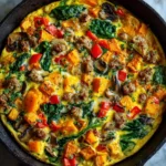 Colorful Winter Vegetable & Sausage Breakfast Frittata in a skillet, packed with golden roasted butternut squash, sautéed mushrooms, sausage, spinach, and red bell peppers in a fluffy, baked egg mixture.