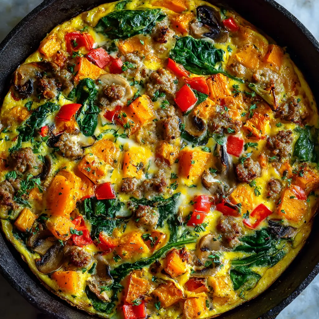 Colorful Winter Vegetable & Sausage Breakfast Frittata in a skillet, packed with golden roasted butternut squash, sautéed mushrooms, sausage, spinach, and red bell peppers in a fluffy, baked egg mixture.